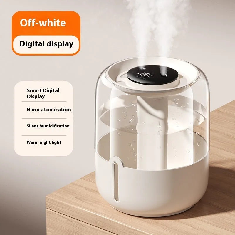 Beige round ultrasonic humidifier with USB port, dual spray nozzles, and display.