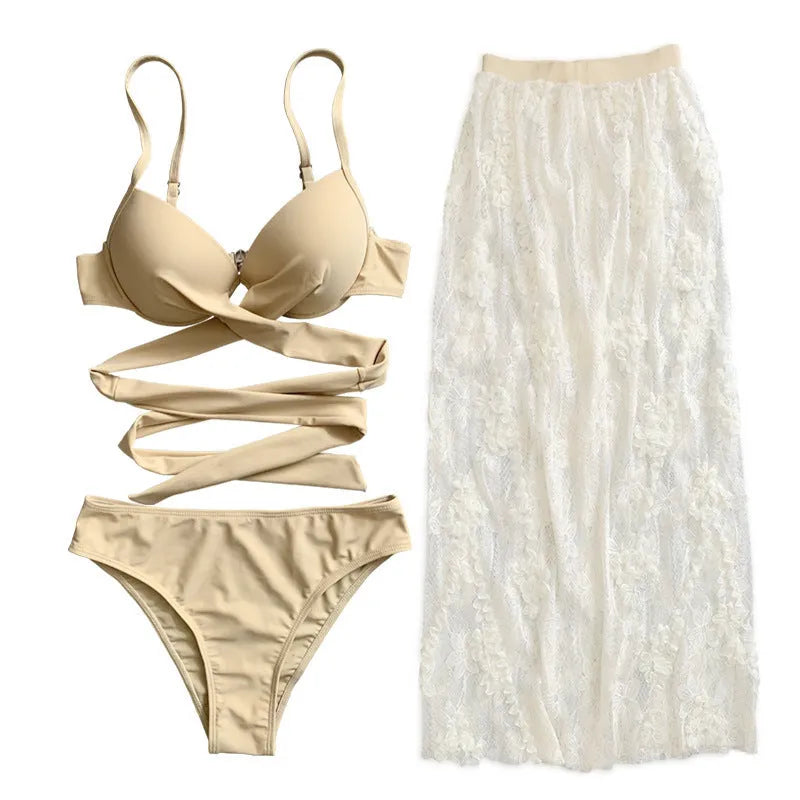 Backless push-up bikini three-piece set with matching skirt in solid colour
