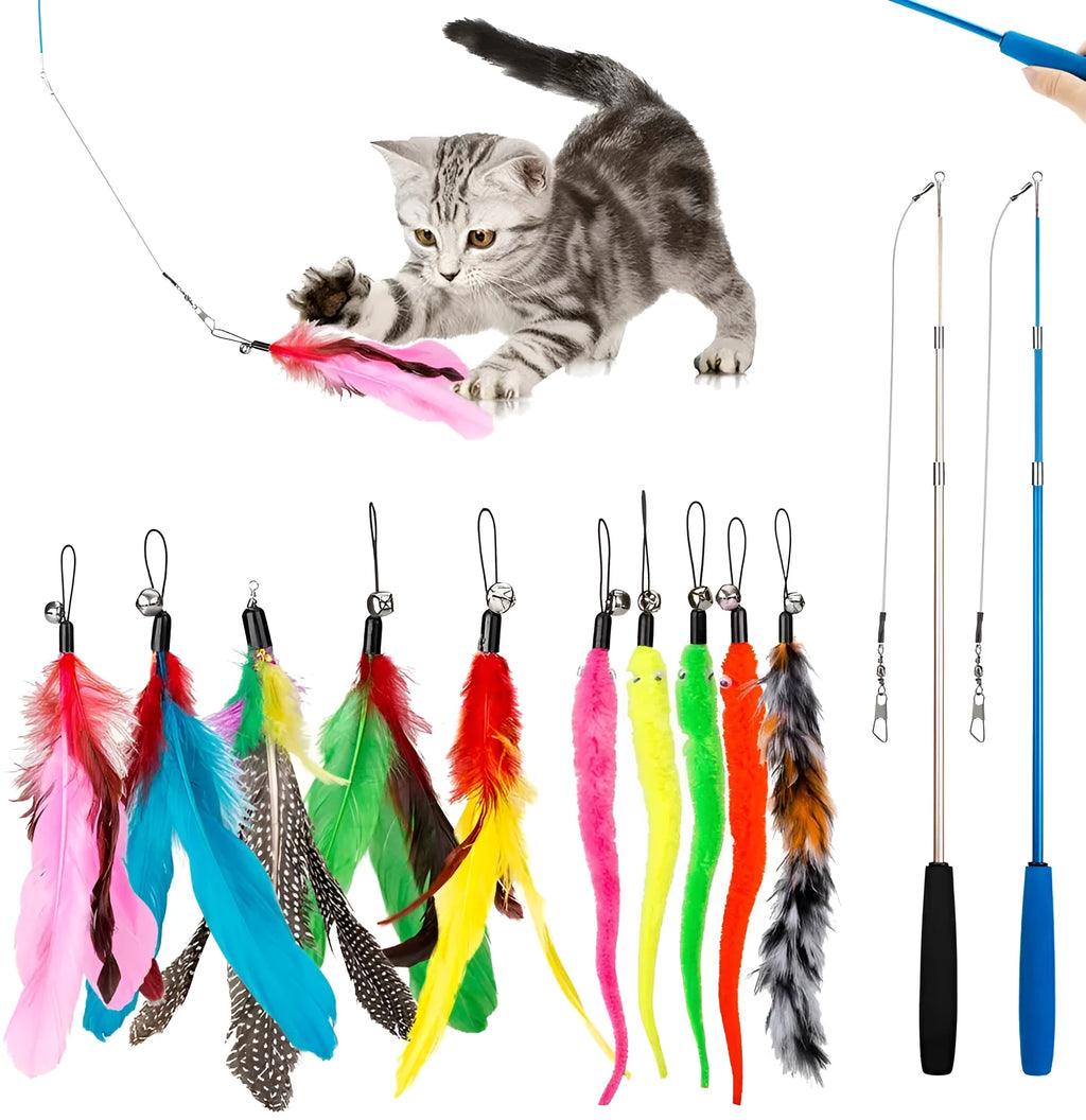 Cat teasing pole set with fishing rod design and multiple feather attachments for interactive play