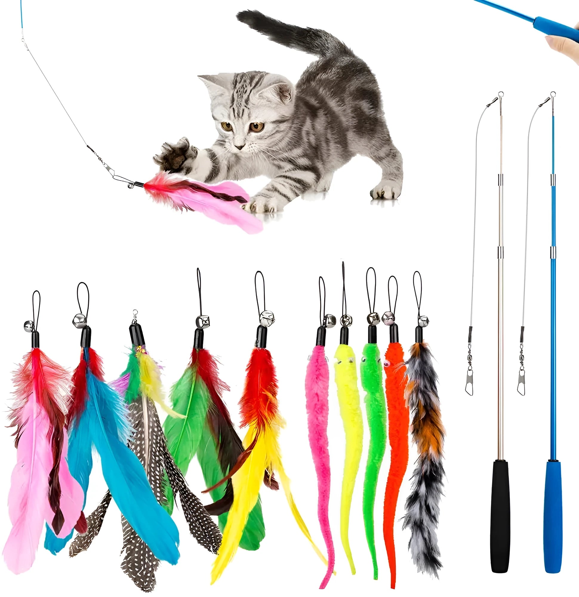 Cat teasing pole set with fishing rod design and multiple feather attachments for interactive play