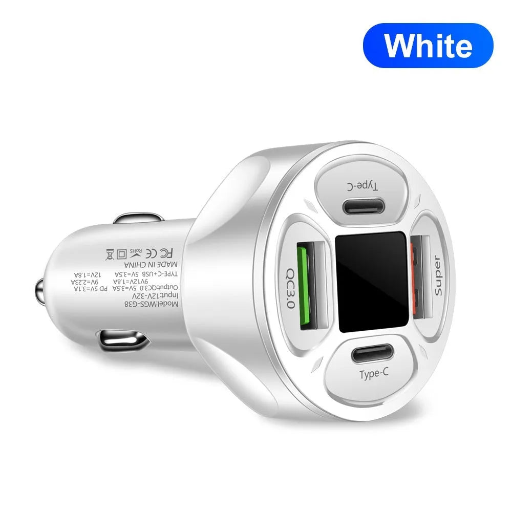 Black 66W digital display car charger with two USB ports and two Type-C ports.