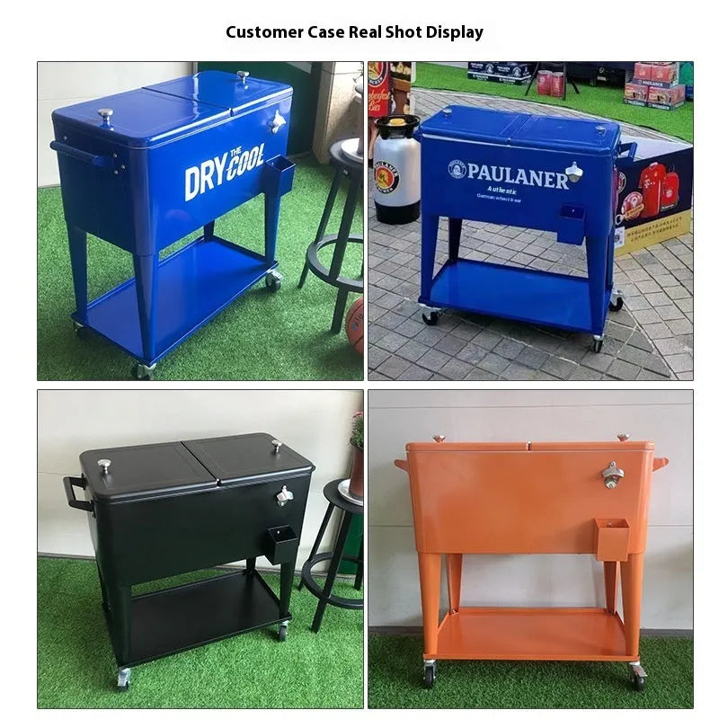 Red outdoor metal insulated trolley cooler with wheels for picnics, 750ml capacity.
