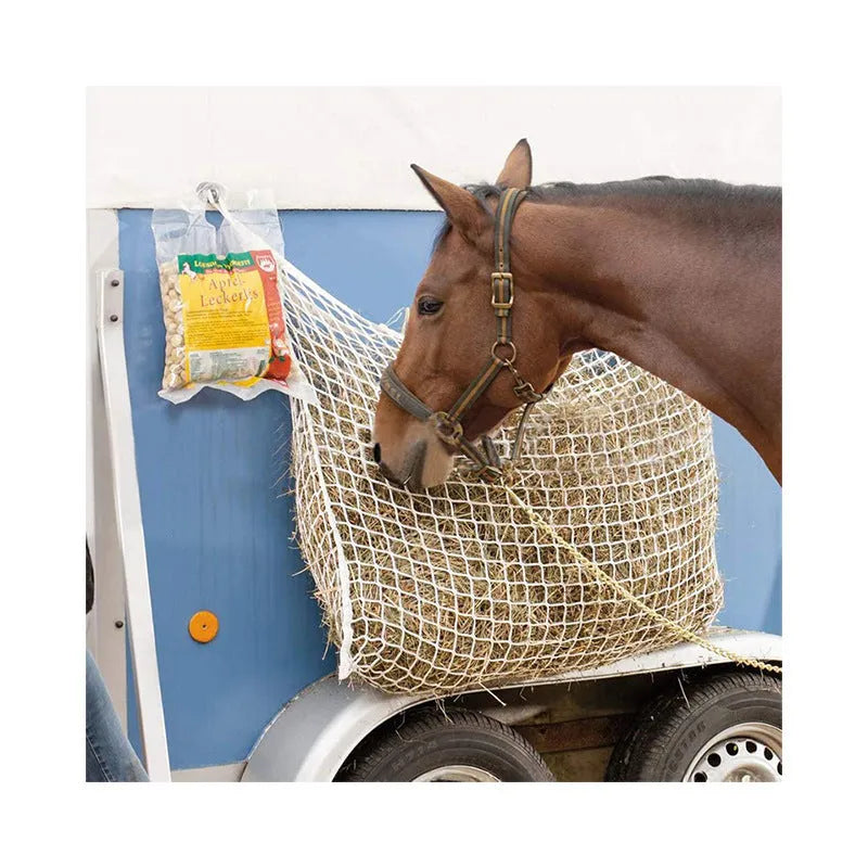 Woven grid horse hanging feeding bag made from black PE rope with open square pattern for livestock feeding
