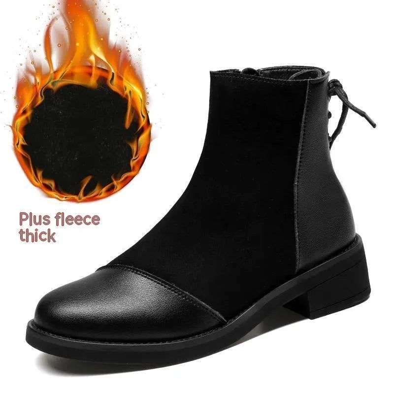 Women's black knee-high Martin boots with side zipper and round toe