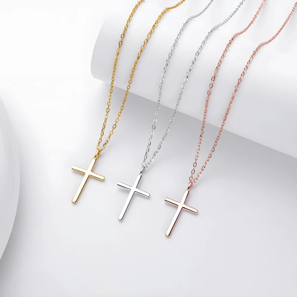 S925 sterling silver necklace with glossy cross pendant on O-shaped chain in gold, platinum or rose gold plating