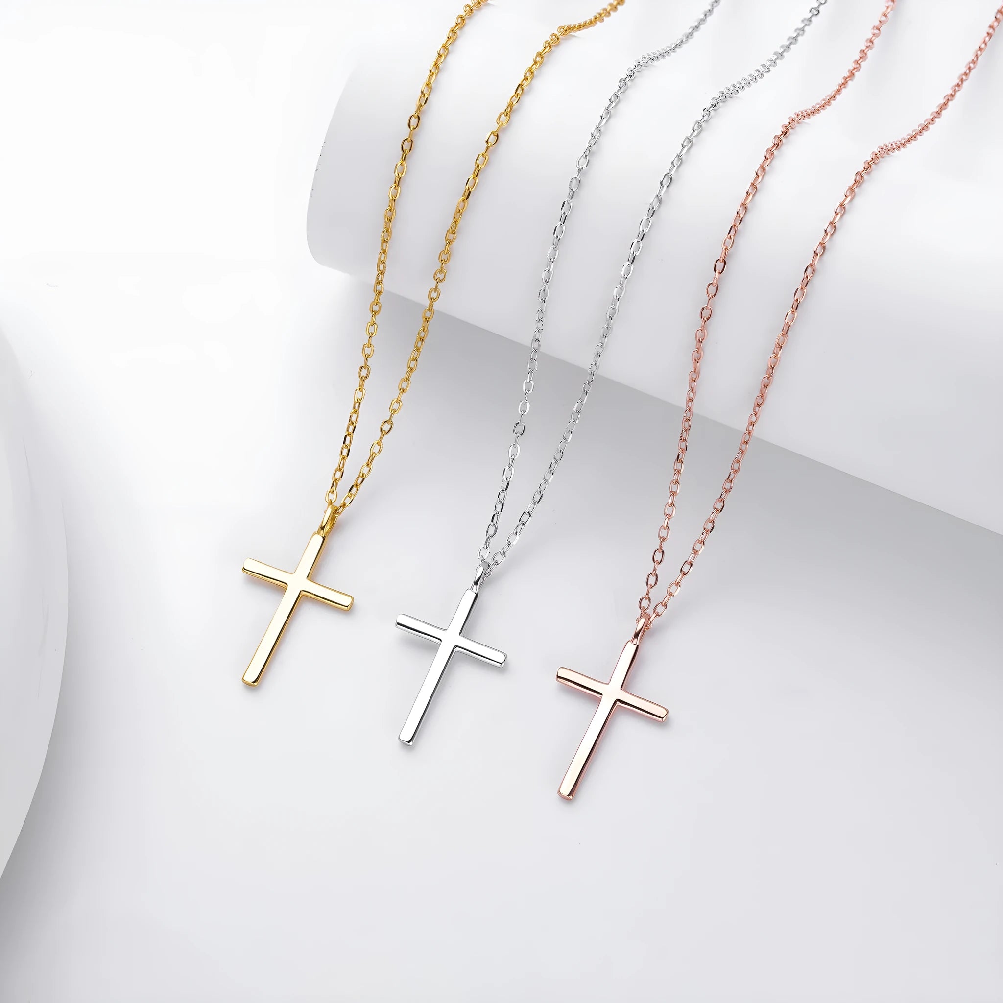 S925 sterling silver necklace with glossy cross pendant on O-shaped chain in gold, platinum or rose gold plating