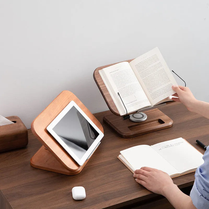 Black walnut wood adjustable rotating reading rack holding book and iPad tablet