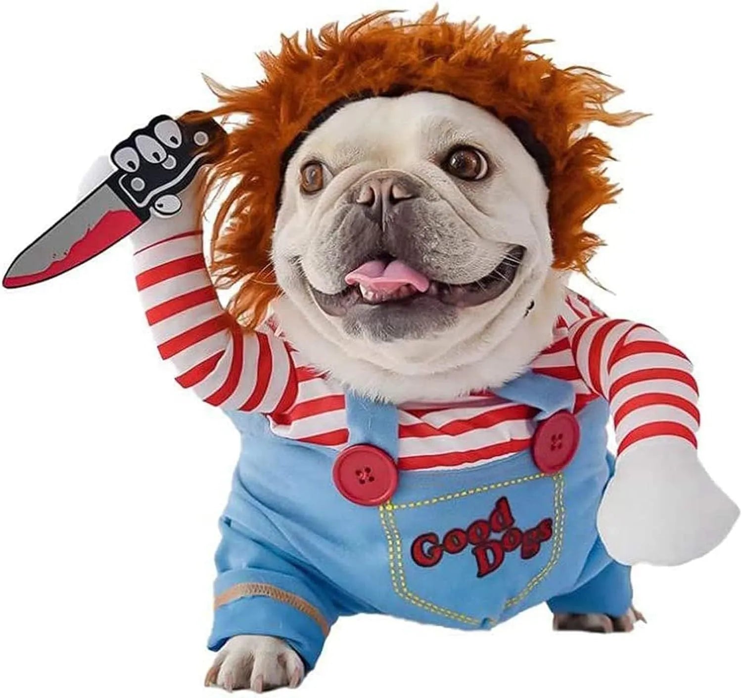 Striped Halloween costume set for a dog, showing harness with prop knife and matching pants on a sizing chart.