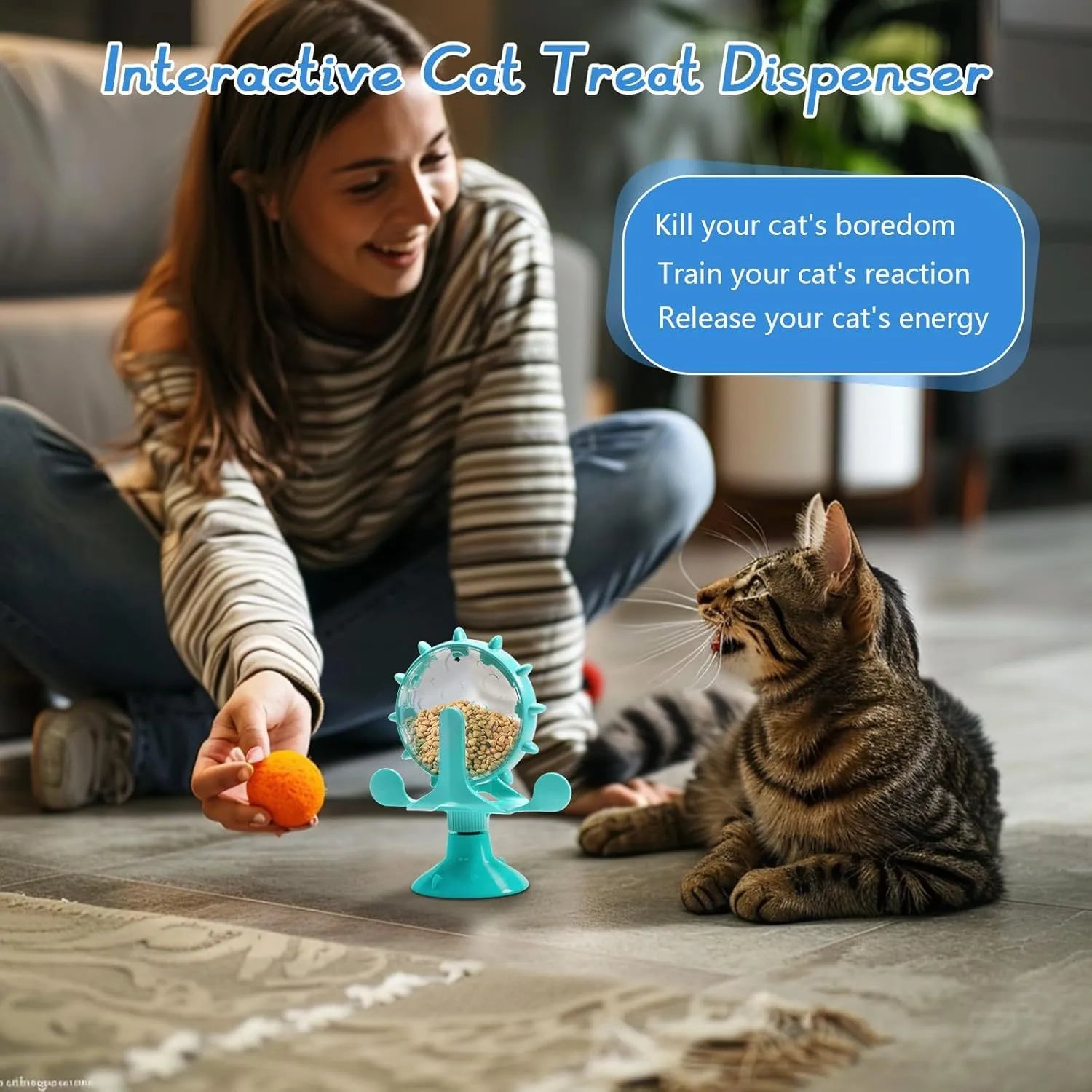 Interactive pet puzzle toy with spinner treat dispenser and suction cup base in multiple colours