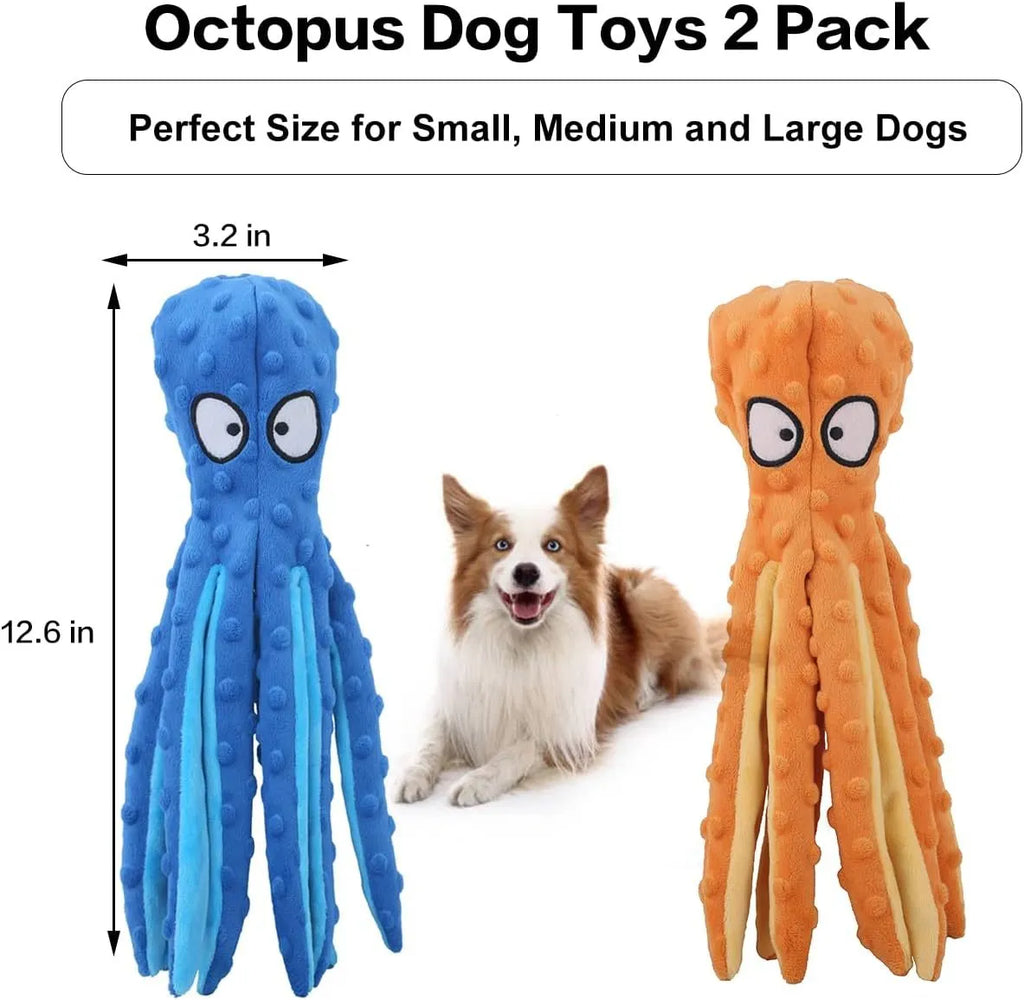 Blue octopus-shaped dog chew toy with crinkle sounds, unfilled construction, bite-resistant mesh material