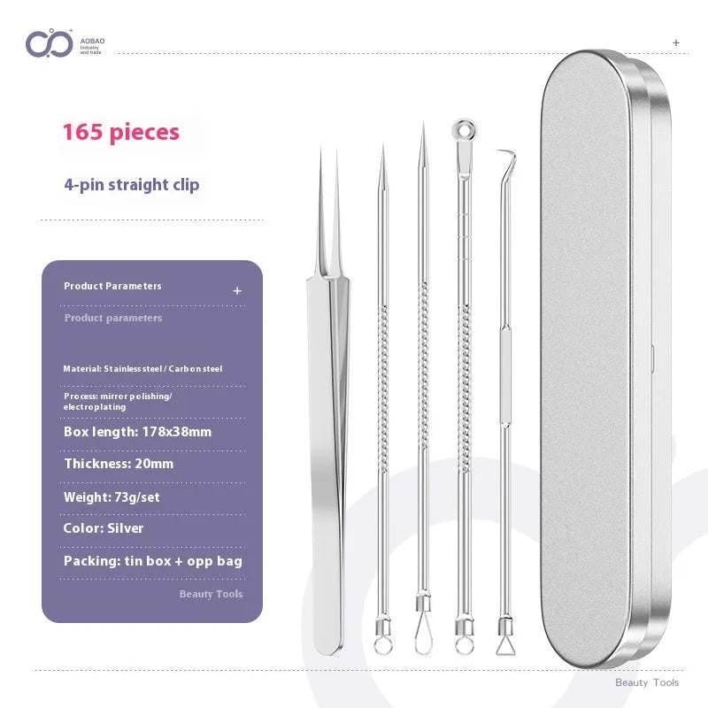 Four metal acne needles with ultra fine pointed tips for blackhead removal and skincare treatment