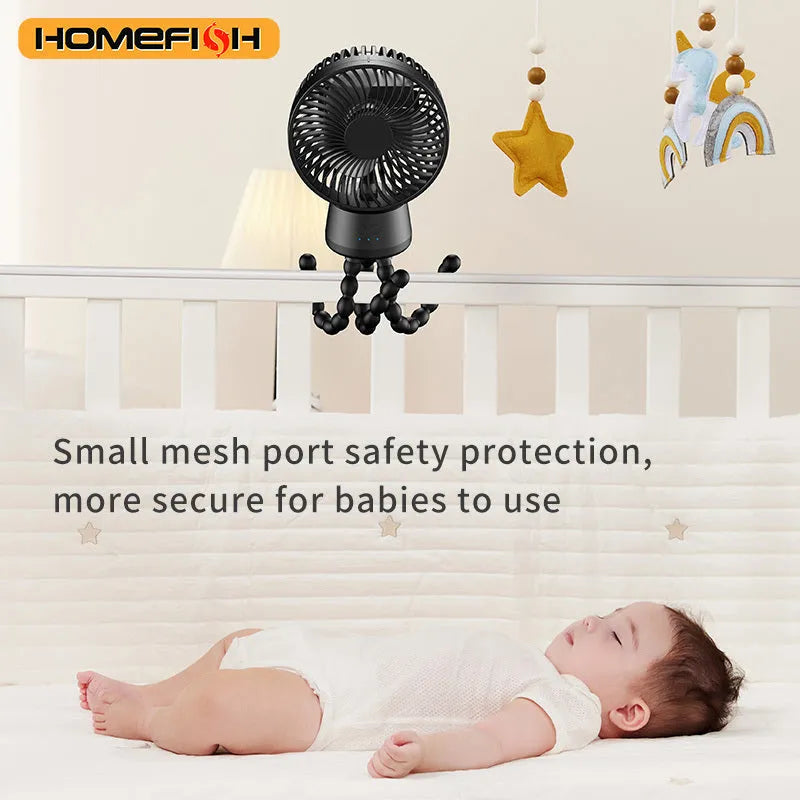 HOMEFISH F2 automatic shake head fan with LED light attached to a baby stroller