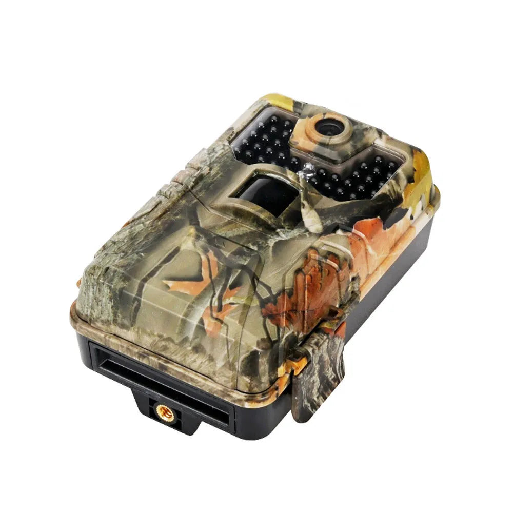 Compact camouflage outdoor Bluetooth hunting camera with infrared LEDs for night vision.