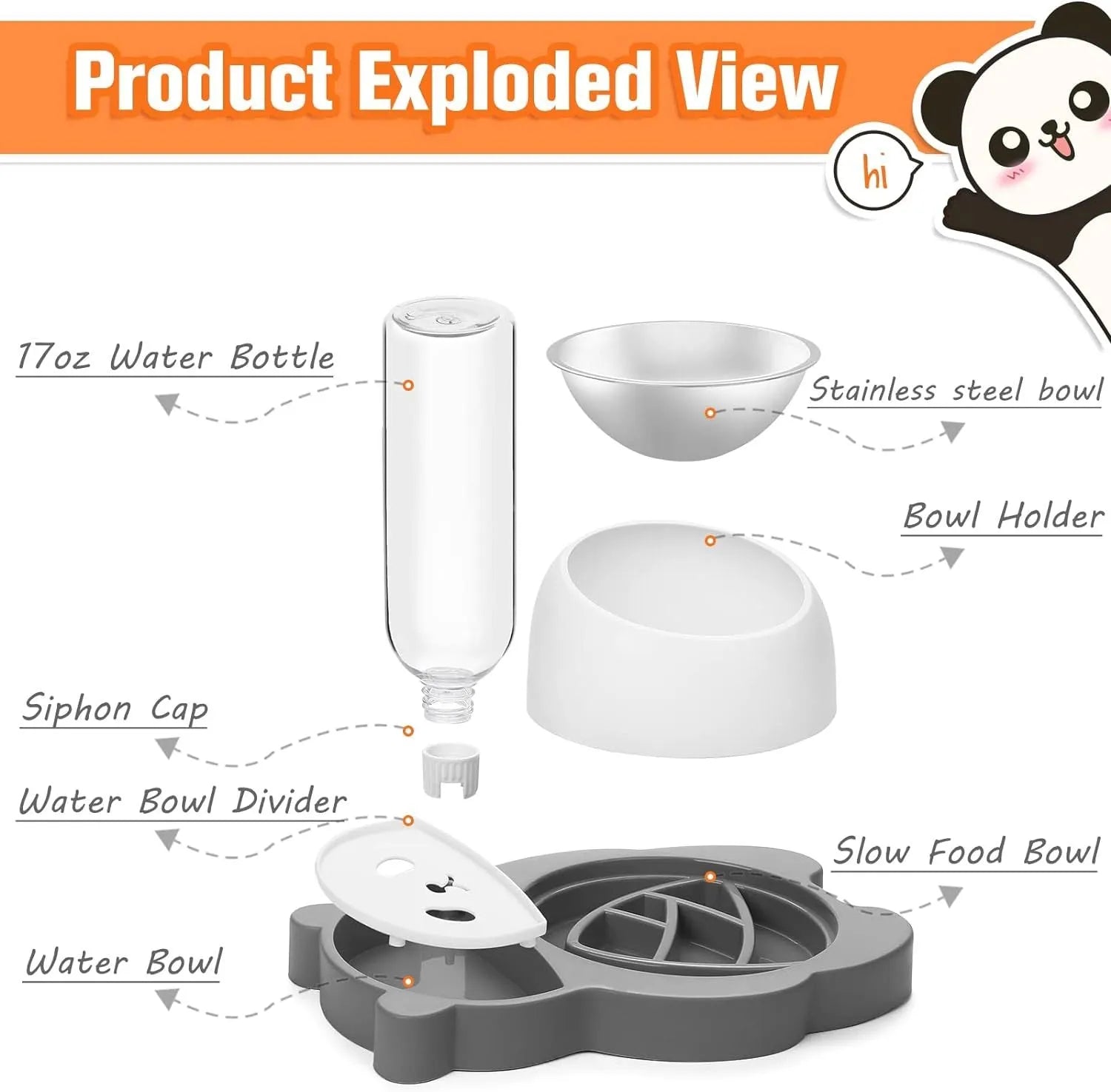 Grey and green panda-shaped automatic water dispenser with tilted stainless steel pet bowls.