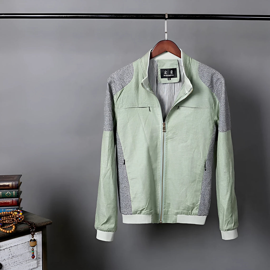 Men's heather gray cotton linen jacket in a regular fit on a hanger.