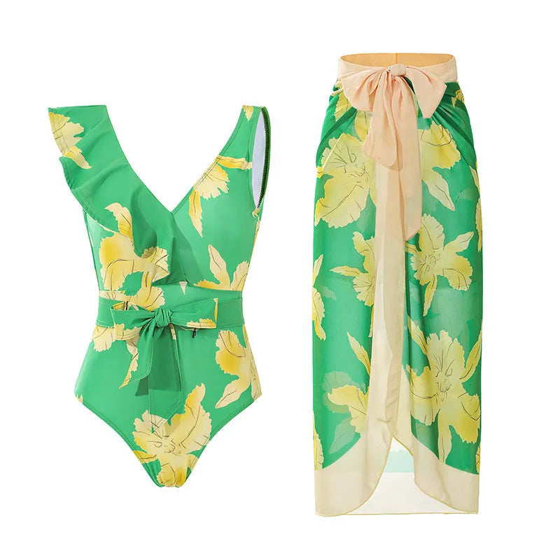 Women's solid colour one-piece swimsuit with spaghetti straps and a removable skirt attached
