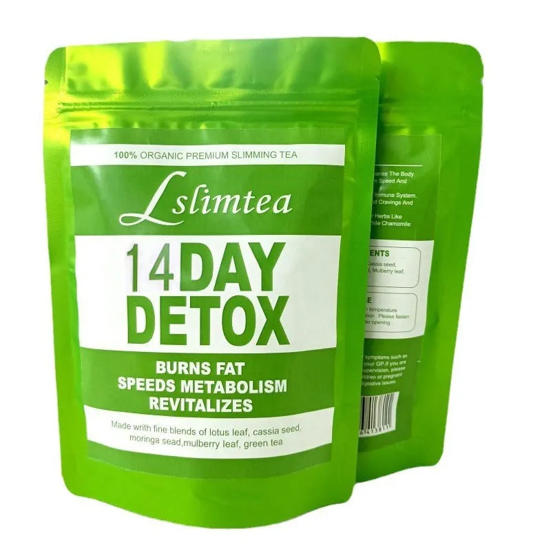 Box of 14-day herbal detox tea with 14 individual 3g sachets for weight management