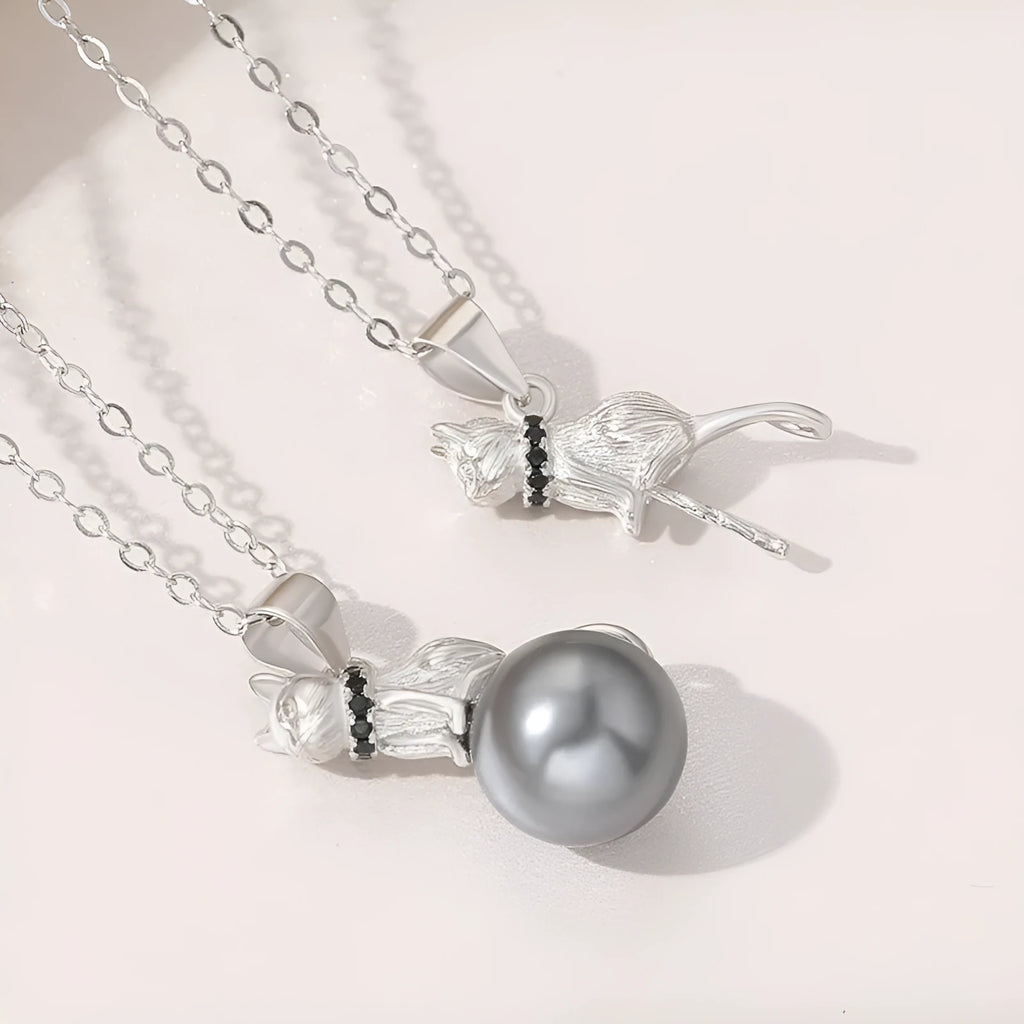 Sterling silver cat pendant necklace with electroplated finish on adjustable silver chain