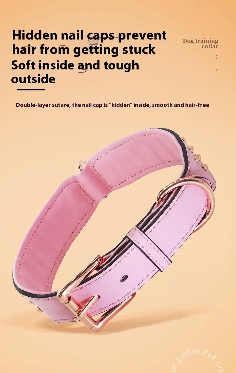 Leather dog collar in chocolate colour with metal rivets and adjustable fastener.