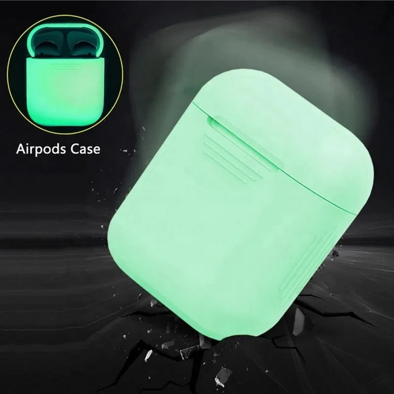 Luminous solid colour silicone flip-top protective case for Apple AirPods wireless earphones.