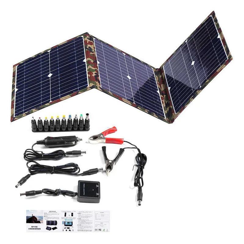 Black portable foldable 36W solar panel with car charger and USB accessories for outdoor device charging