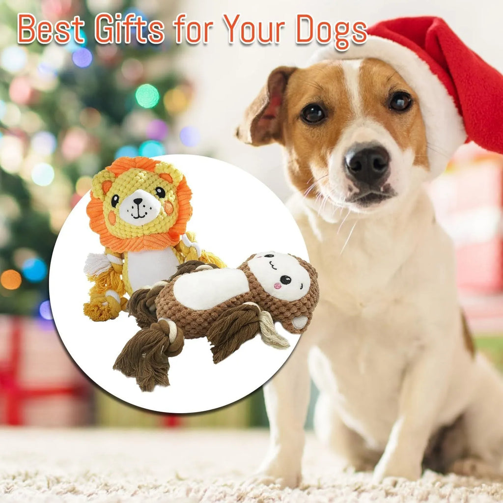 Lion and monkey plush squeaky dog toys bundle for medium and large dogs.