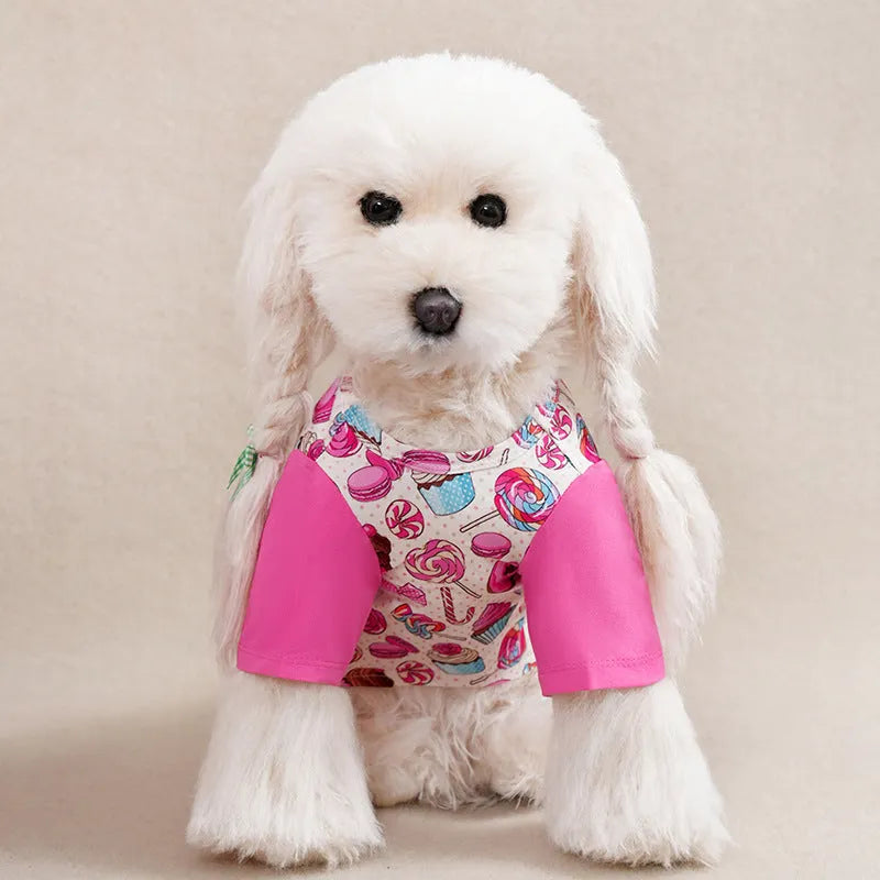 Polyester full printed t-shirt for small dogs showing colour options and weight-based sizing