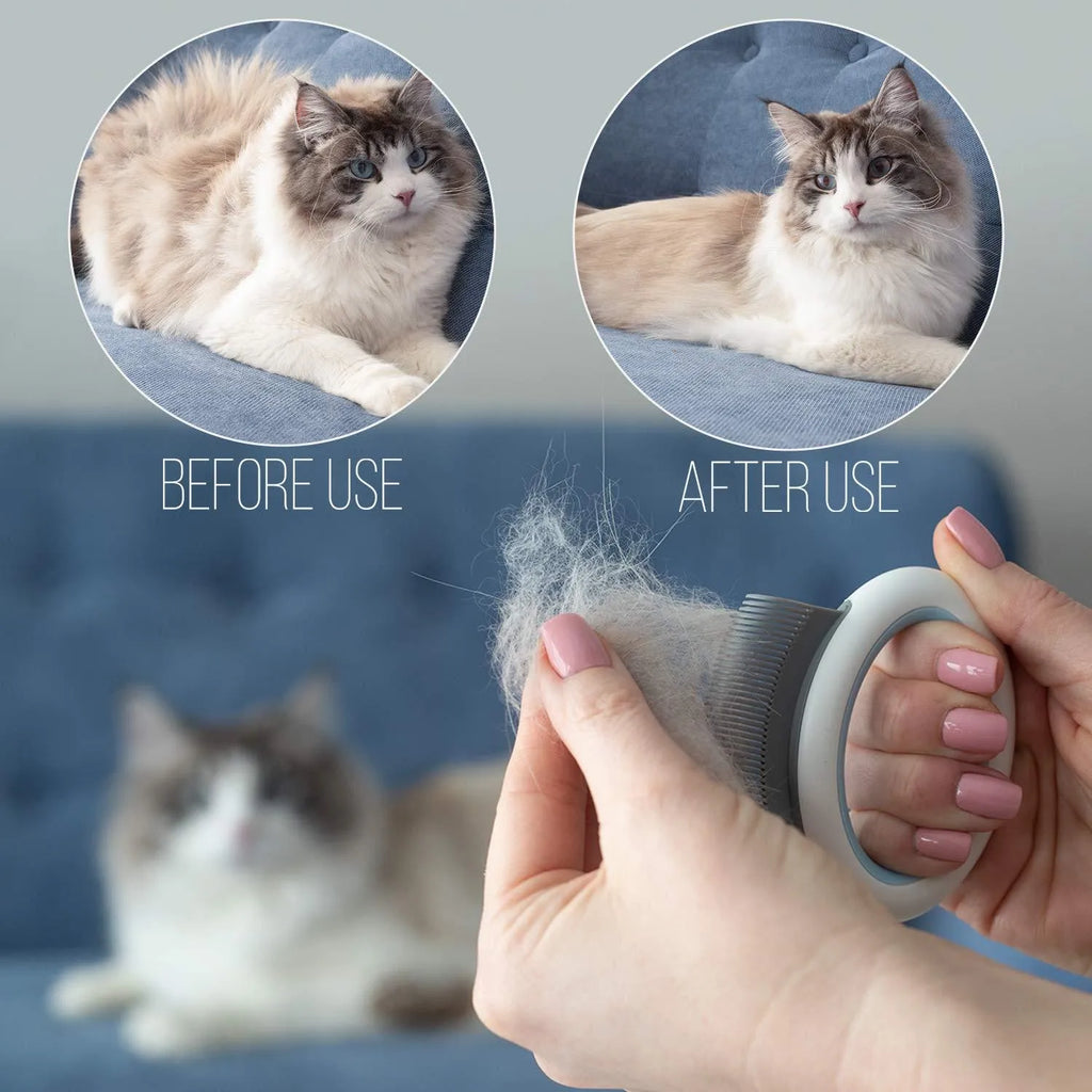 Blue pet grooming comb for deshedding and dematting cat and dog fur with ergonomic handle