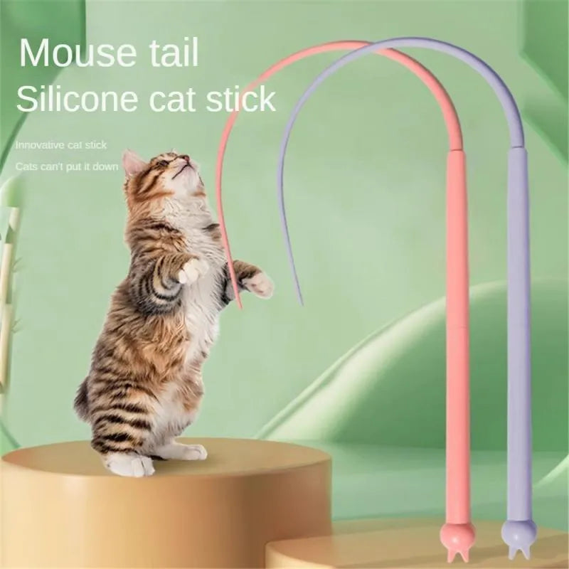 Simulated mouse tail cat toy with blue silicone tail and cat head design for interactive play