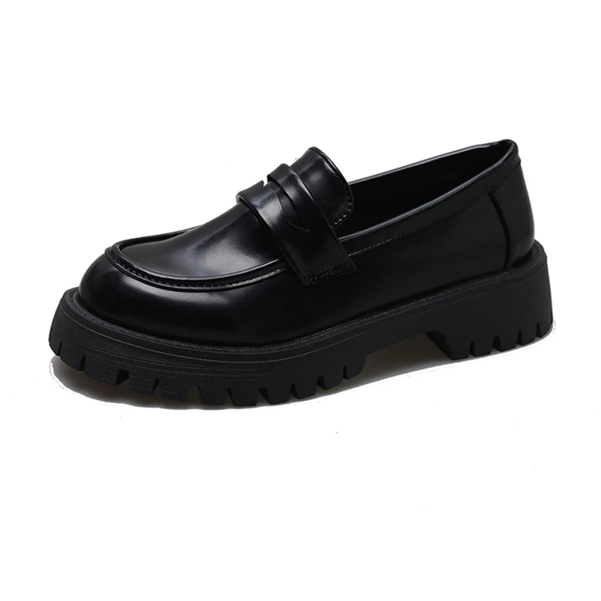 Women's chunky heel platform British style leather shoes with low heel and round toe in black