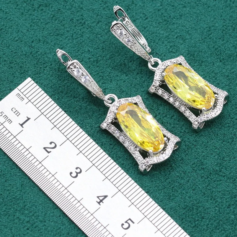 Anti-allergy zircon jewellery set with necklace, earrings, ring, and bracelet in yellow or olive colours