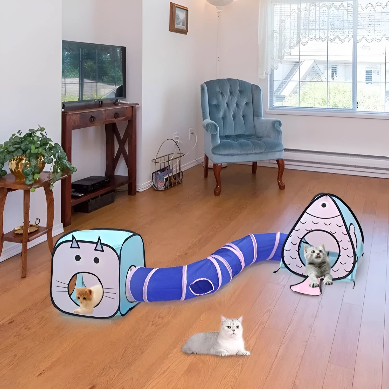 Foldable pet tent cat tunnel playhouse with fish toy in cat and fish themed design