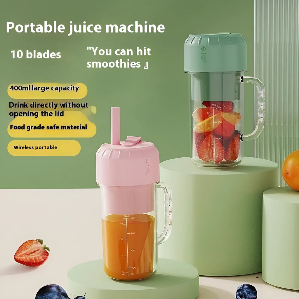 Portable USB juicer in avocado green or cherry blossom pink with multiple blade options for household use