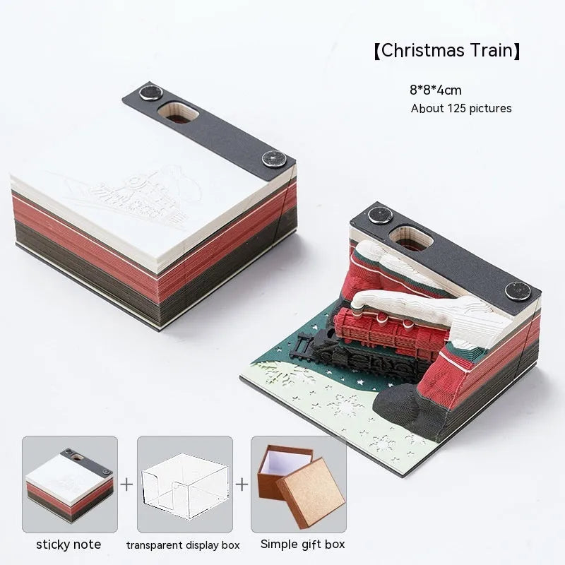 3D paper carved sticky notes with Qingshui Temple design and Christmas Train coloured cover.