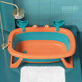 Blue foldable portable pet tub for small dogs and cats, shown with dimensions.