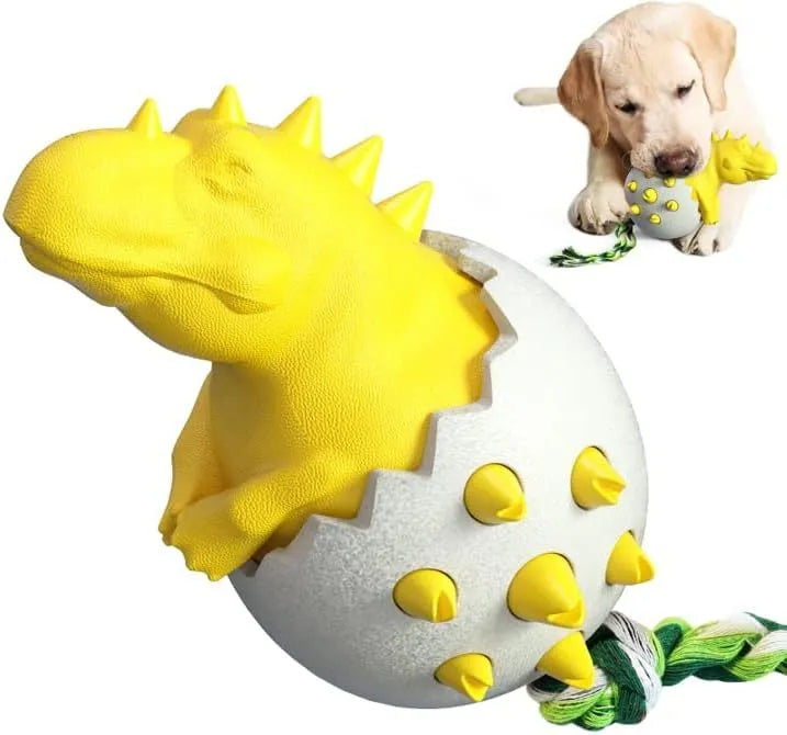 Blue durable dinosaur-shaped dog chew toy with an integrated rope and textured surface for dental care.