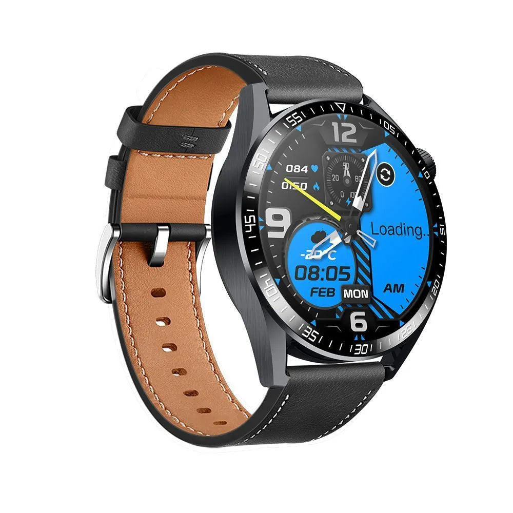 Black GS3 Max smartwatch on a silicone strap, showing a homescreen with health stats.