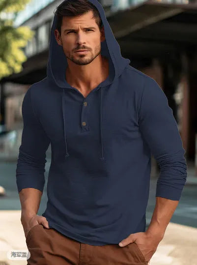 Men's cotton pullover hoodie in dark blue colour with long sleeves