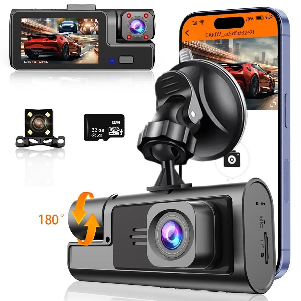 Wi-Fi enabled car dash cam with 2-inch screen on a windscreen, showing a rear-view reversing camera image.