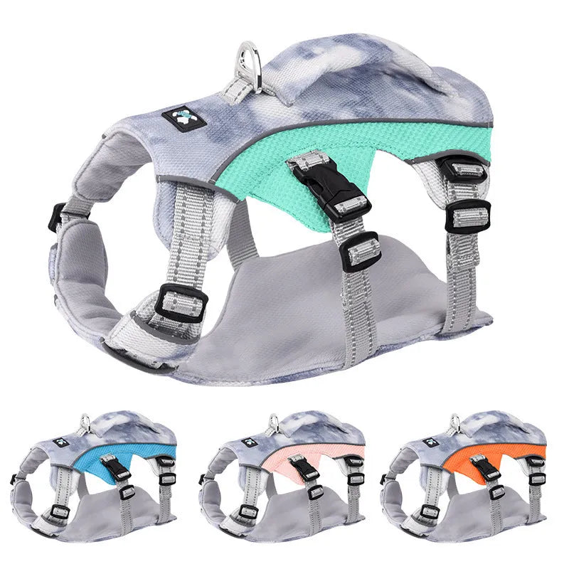 Reflective adjustable dog harness in light blue colour with chest strap design