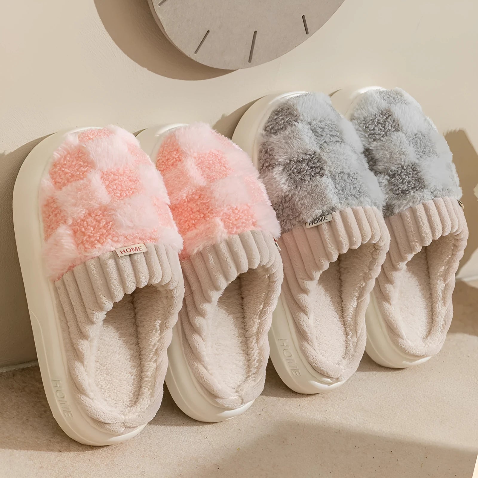 Women's plaid pattern plush indoor slippers with coral velvet upper and anti-slip sole in coffee colour.