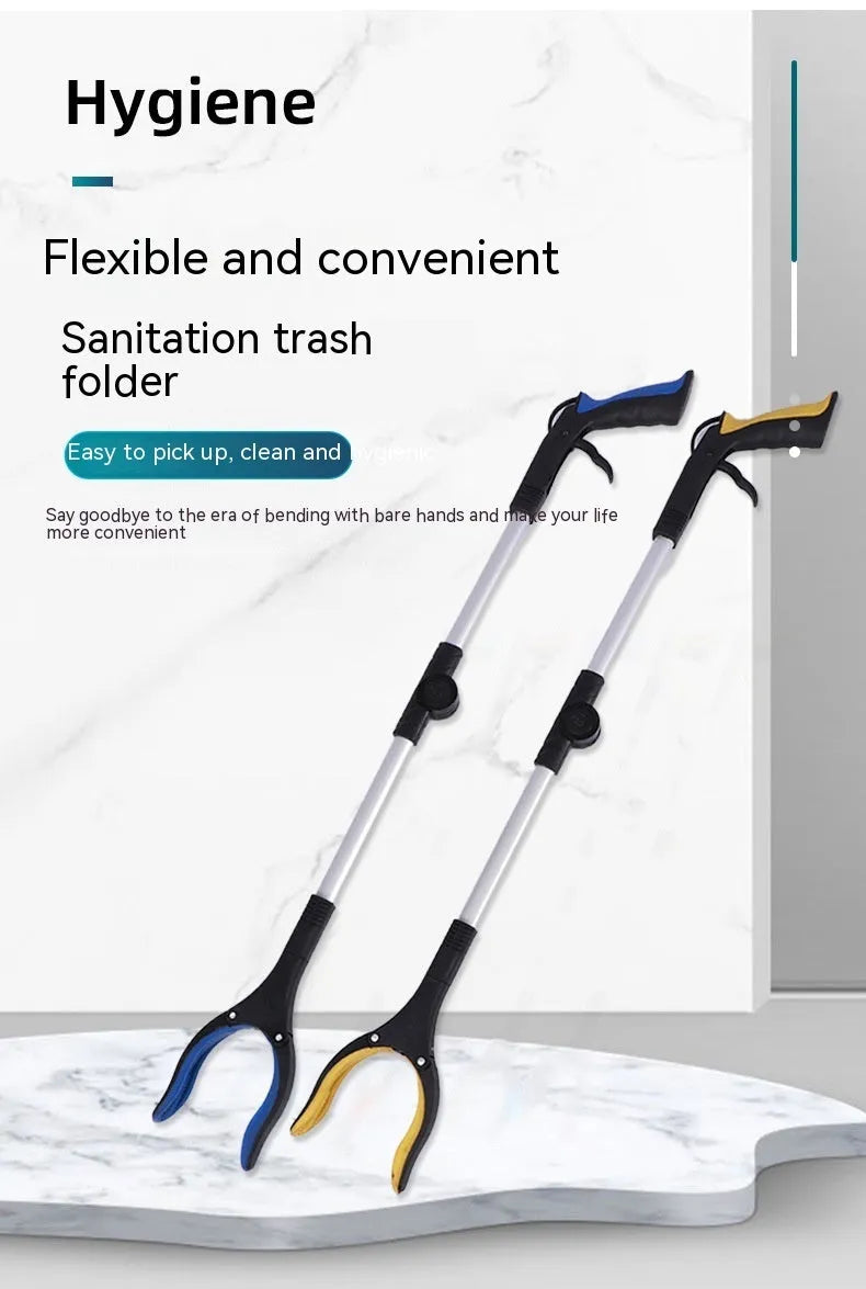 Foldable aluminium garbage clamp with extended silver rod and blue handle, showing magnet sucker attachment.