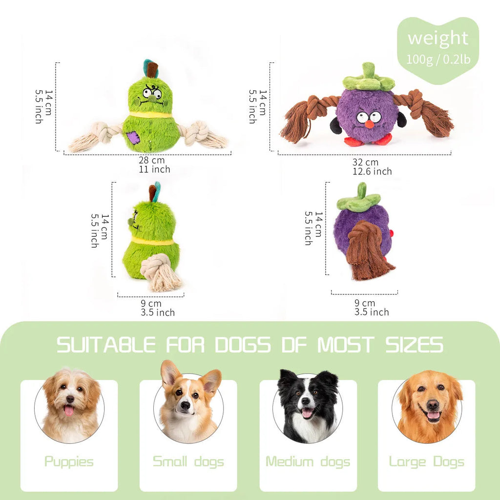 Green and purple interactive plush rope knot dog toy with molar tooth texture for tug of war and chewing.