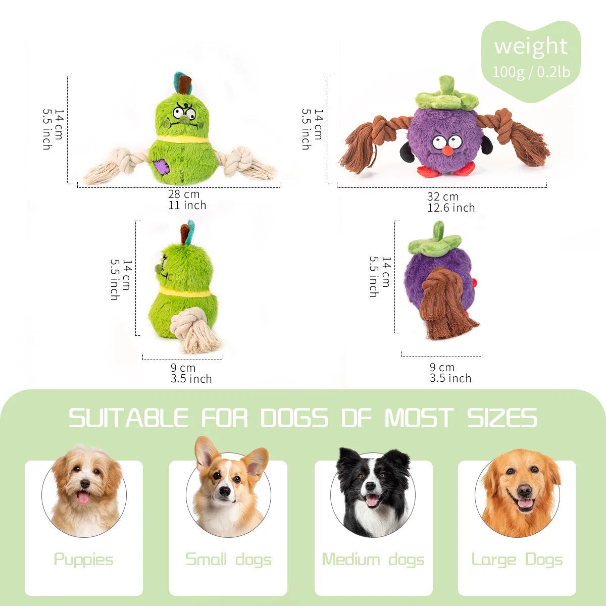 Green and purple interactive plush rope knot dog toy with molar tooth texture for tug of war and chewing.