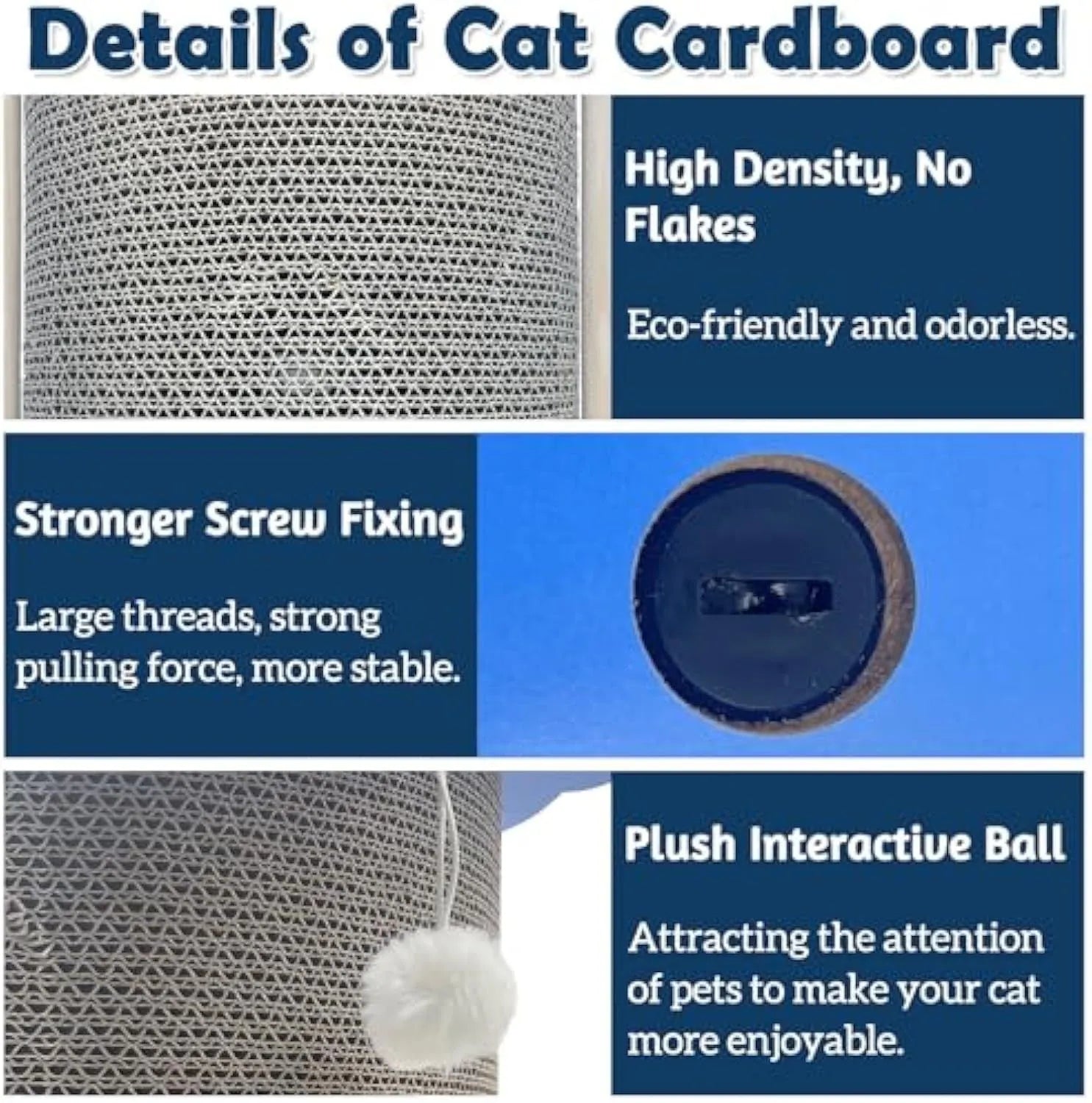 Grey cat corner scratcher with hanging ball mounted in a room corner.