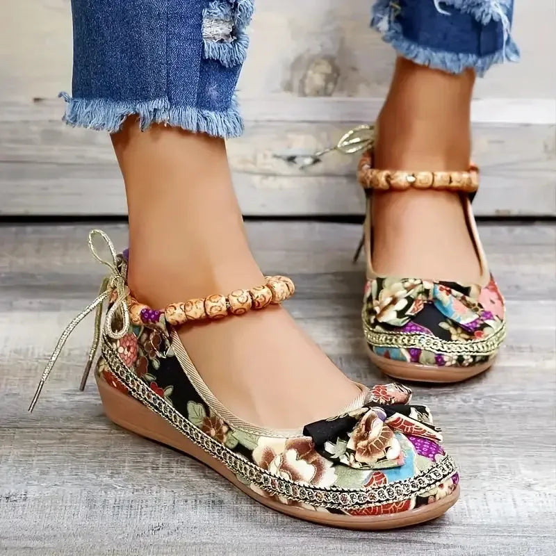 Women's black ethnic style platform sandals with elastic band fastening and cloth upper