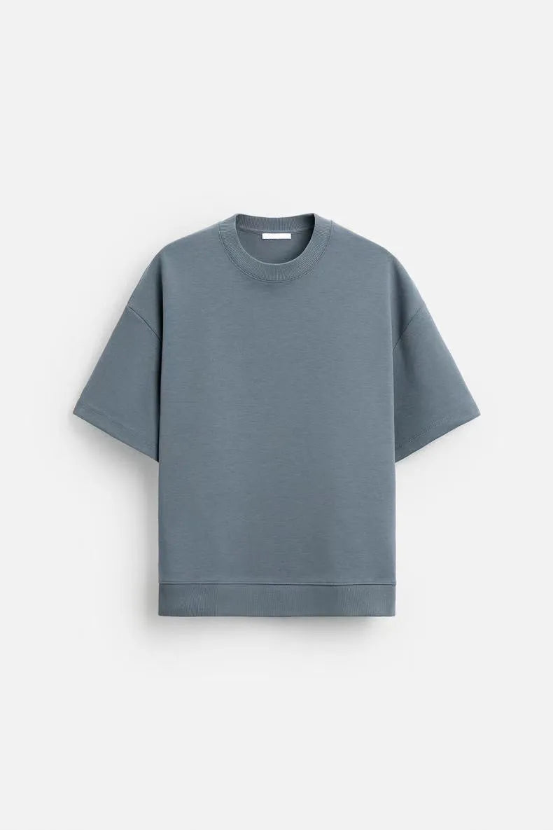 Loose-fitting short sleeve shirt and matching shorts lounge set in blue with double-sided texture
