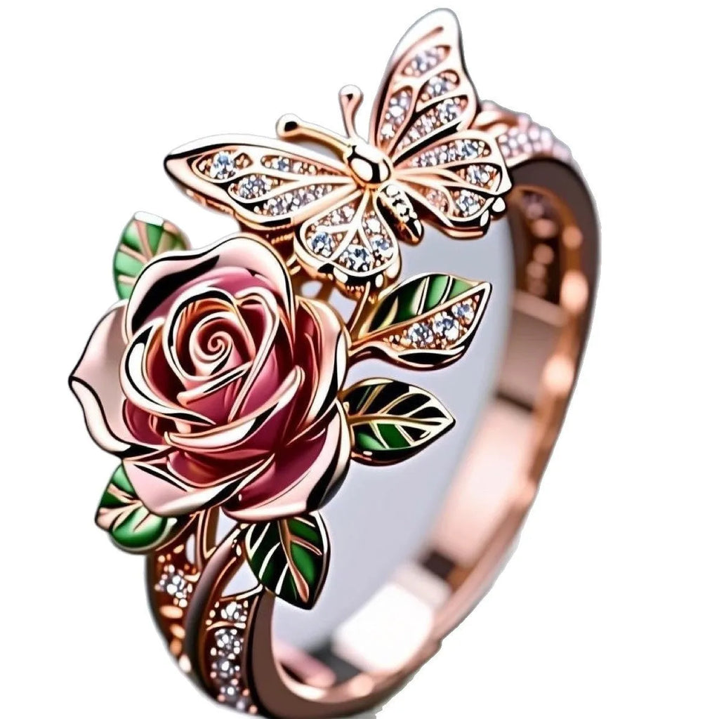 Colourful oil-drip finish butterfly personality ring with rose, insect, and leaf motifs on adjustable alloy band.