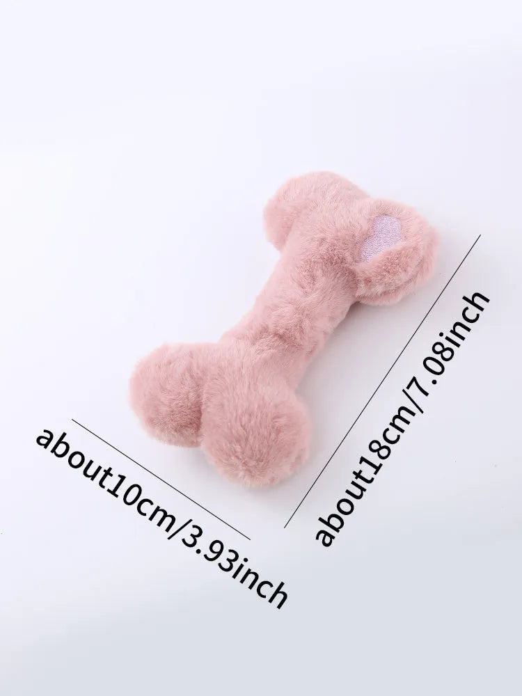 Blue love bone shaped dog plush toy with a squeaker, shown next to pink and yellow colour options.