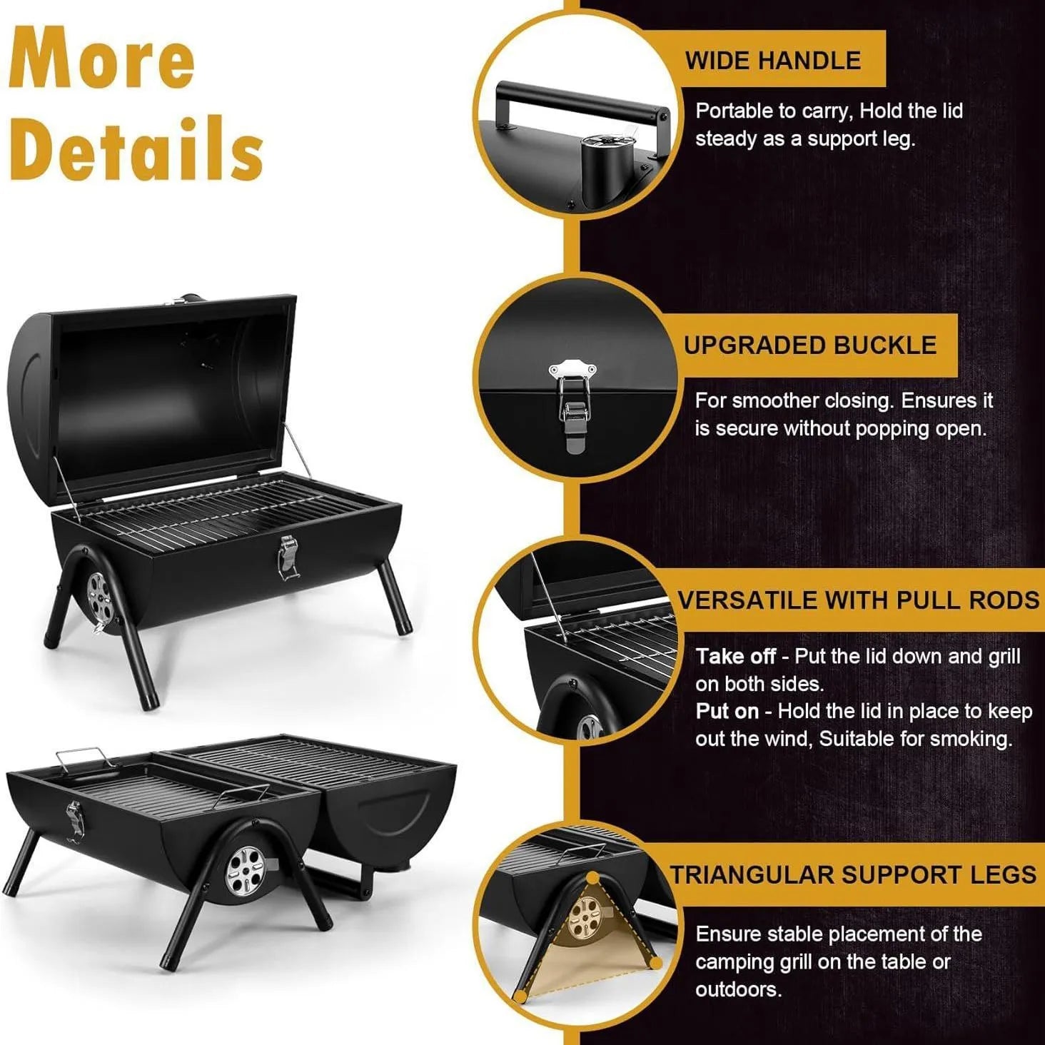 Small foldable desktop charcoal barbecue grill with grill grate, shown in closed and open positions.